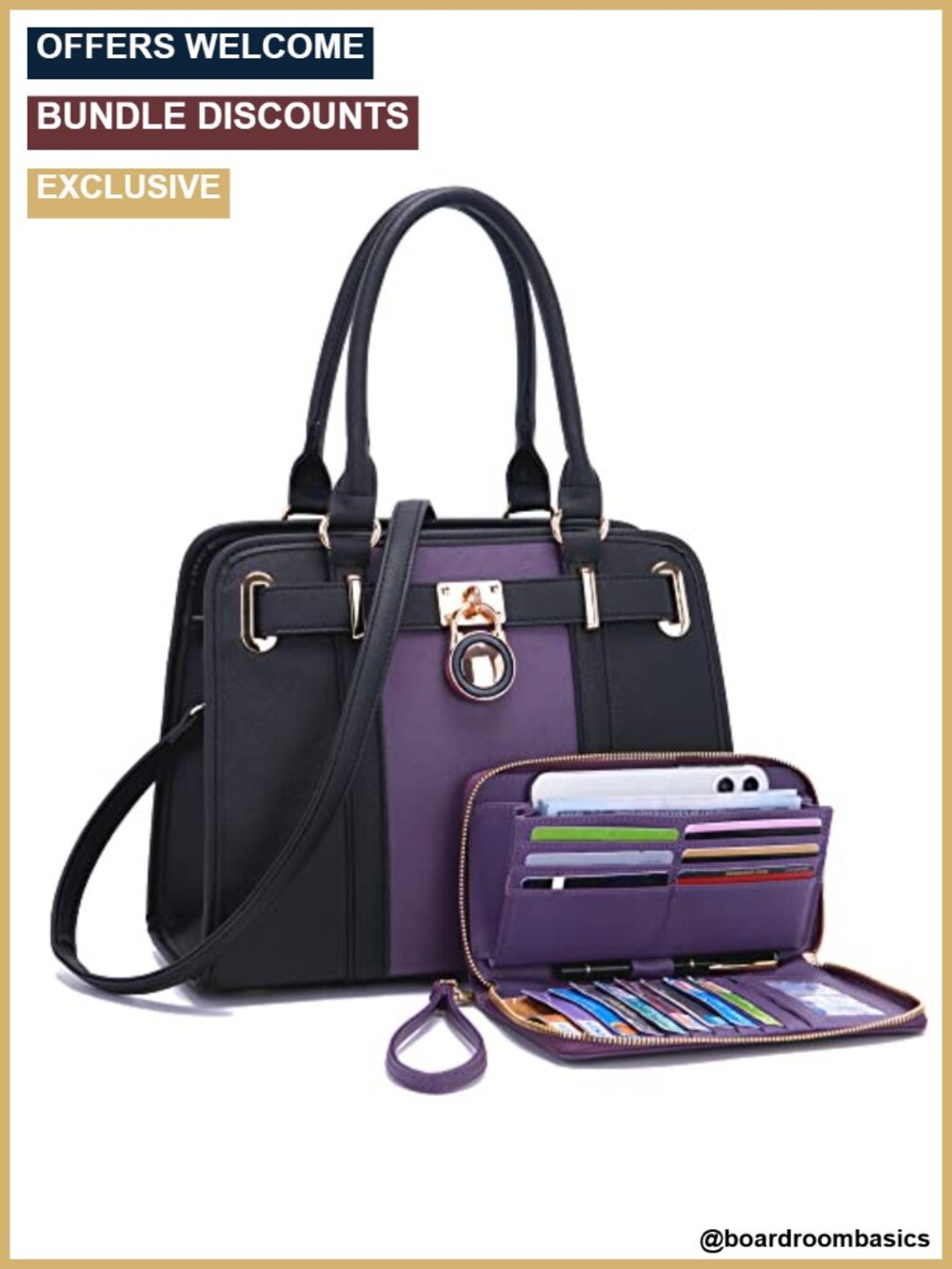 Vegan Leather Structured Satchel Tote Handbag Set with RFID Wallet